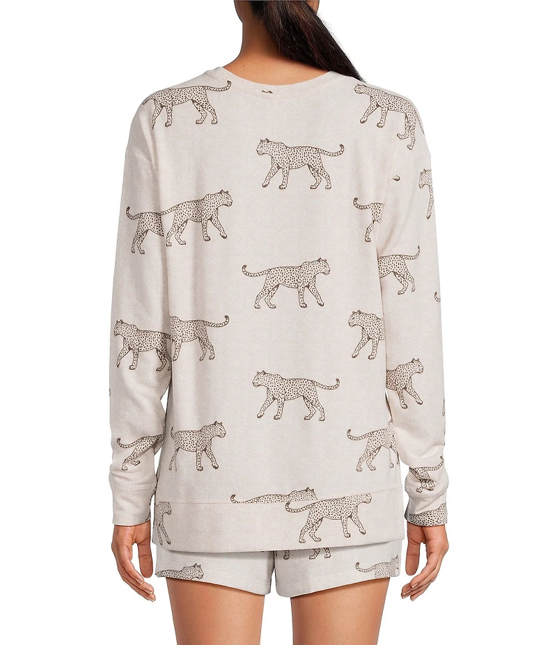 Jasmine & Ginger Cheetah Print Long Sleeve Crew Neck Coordinating Knit Sleep Top