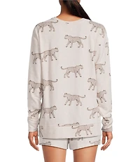 Jasmine & Ginger Cheetah Print Long Sleeve Crew Neck Coordinating Knit Sleep Top