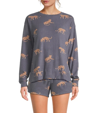 Jasmine & Ginger Cheetah Print Long Sleeve Crew Neck Coordinating Knit Sleep Top