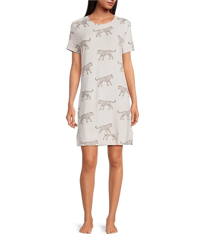 Jasmine & Ginger Cheetah Print Short Sleeve Crew Neck Knit Sleepshirt