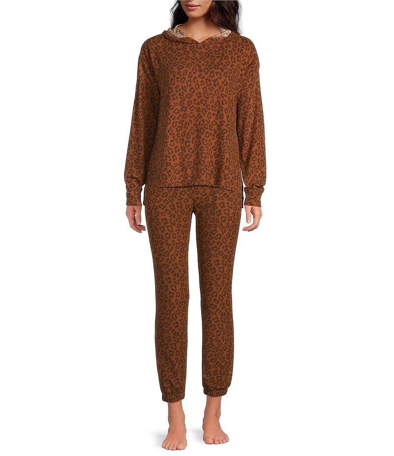 Jasmine & Ginger Leopard Print Brushed Knit Elastic Waist Coordinating Sleep Joggers