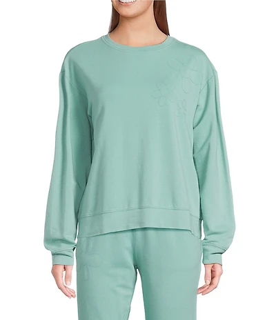 Jasmine & Ginger Long Sleeve Crew Washed French Terry Floral Embroidery Coordinating Lounge Top