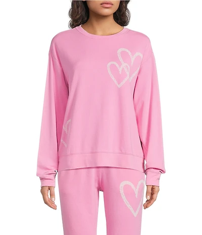 Jasmine & Ginger Long Sleeve Crew Washed French Terry Heart Screen Print Coordinating Lounge Top