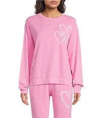 Jasmine & Ginger Long Sleeve Crew Washed French Terry Heart Screen Print Coordinating Lounge Top