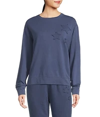 Jasmine & Ginger Long Sleeve Crew Washed French Terry Star Applique Coordinating Lounge Top