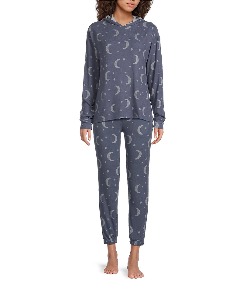 Jasmine & Ginger Moon & Stars Print Brushed Knit Elastic Waist Coordinating Sleep Joggers