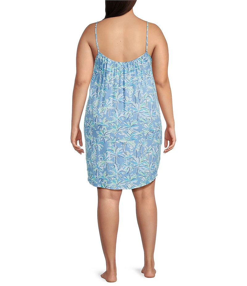 Jasmine & Ginger Plus Size Sleeveless Scoop Neck Woven Abstract Palms Chemise