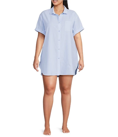 Jasmine & Ginger Plus Size Striped Seersucker Short Sleeve Button-Front Nightshirt