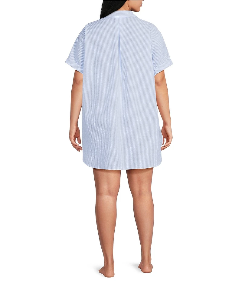 Jasmine & Ginger Plus Size Striped Seersucker Short Sleeve Button-Front Nightshirt