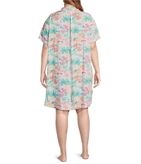 Jasmine & Ginger Plus Size Woven Short Sleeve Button-Front Collar Miami Print Sleepshirt