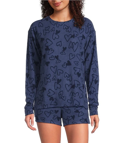 Jasmine & Ginger Scatter Hearts Print Long Sleeve Crew Neck Coordinating Knit Sleep Top