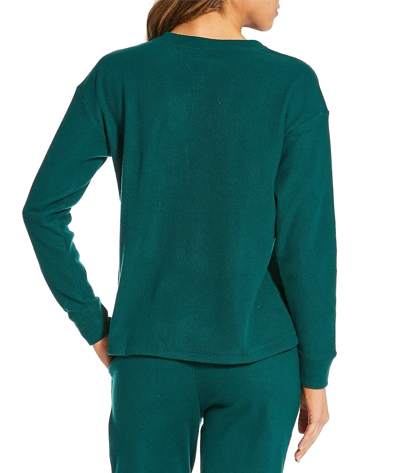 Jasmine & Ginger Solid Brushed Waffle Long Sleeve Henley Coordinating Sleep Top