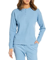 Jasmine & Ginger Solid Brushed Waffle Long Sleeve Henley Coordinating Sleep Top
