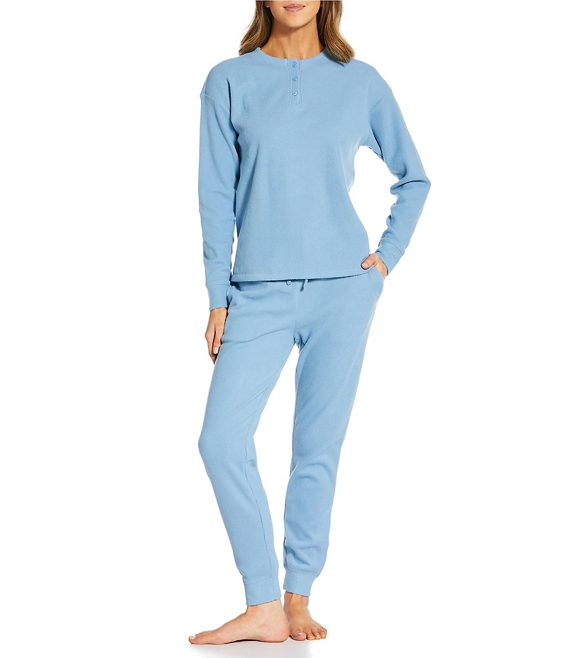 Jasmine & Ginger Solid Brushed Waffle Long Sleeve Henley Coordinating Sleep Top