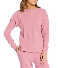 Jasmine & Ginger Solid Brushed Waffle Long Sleeve Henley Coordinating Sleep Top