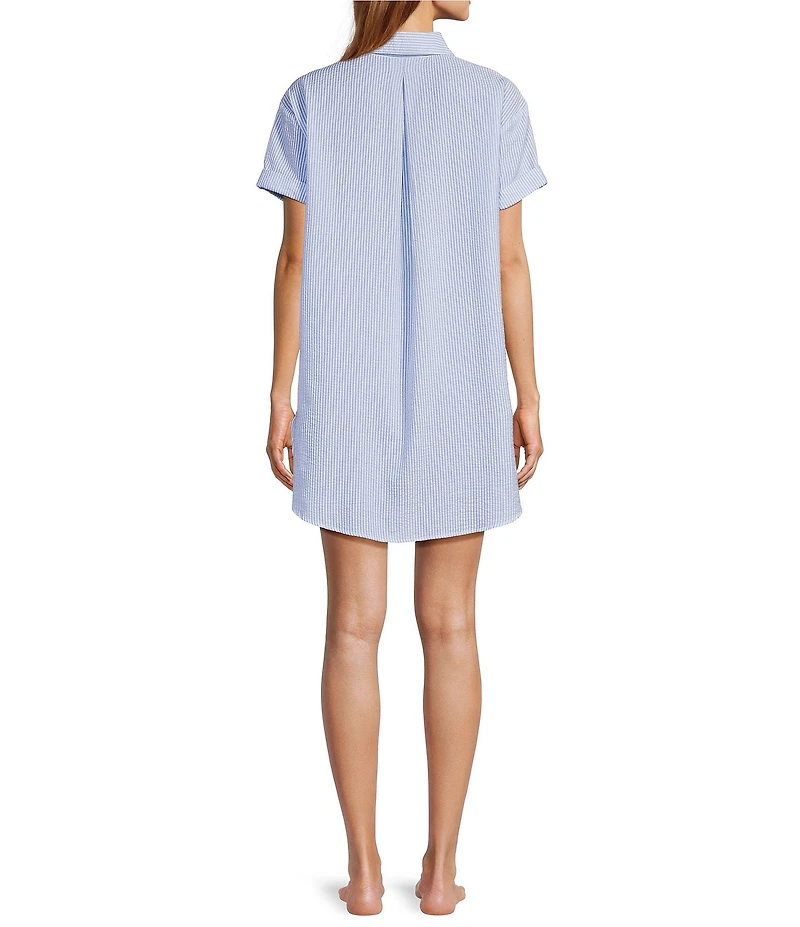 Jasmine & Ginger Striped Seersucker Short Sleeve Button-Front Nightshirt