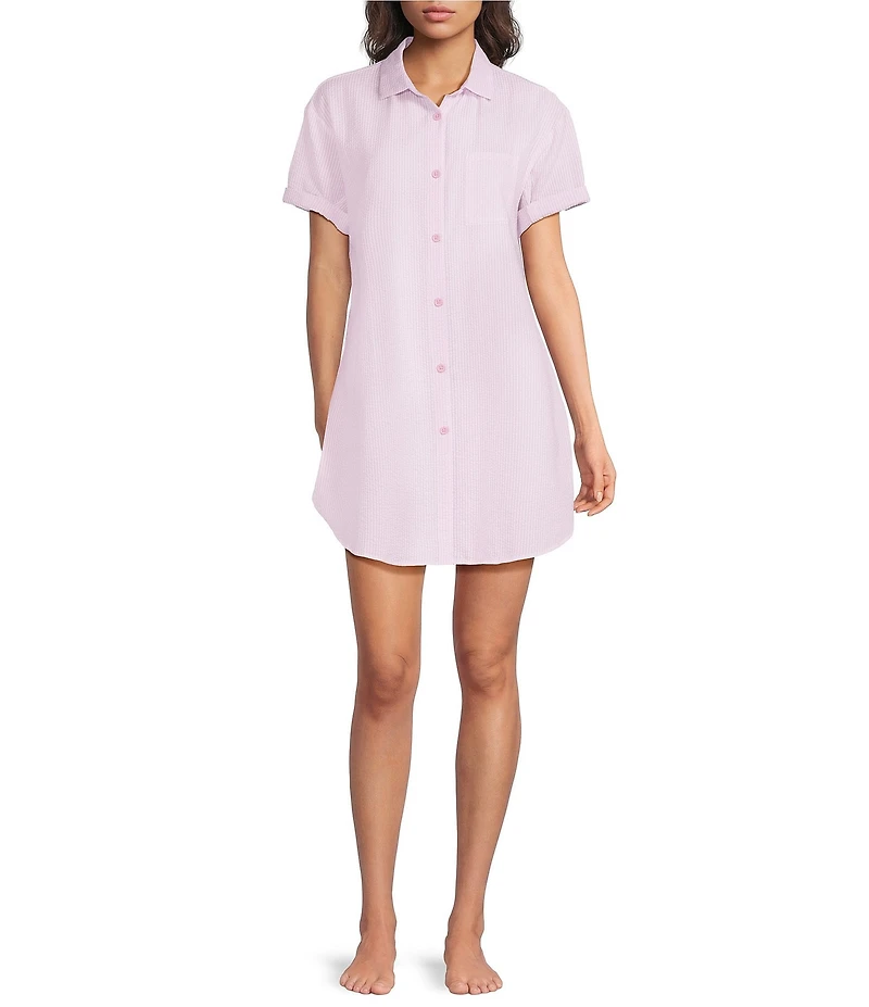 Jasmine & Ginger Striped Seersucker Short Sleeve Button-Front Nightshirt