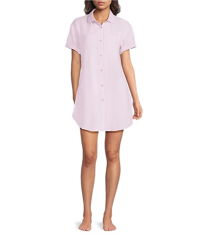 Jasmine & Ginger Striped Seersucker Short Sleeve Button-Front Nightshirt