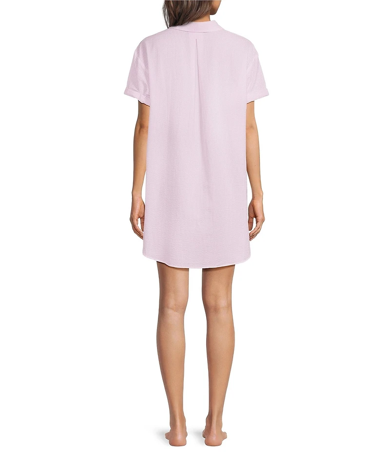 Jasmine & Ginger Striped Seersucker Short Sleeve Button-Front Nightshirt