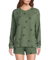 Jasmine & Ginger Tossed Stars Print Long Sleeve Crew Neck Coordinating Knit Sleep Top