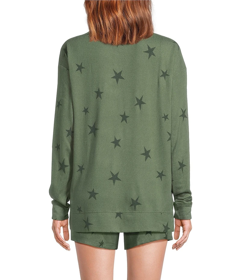 Jasmine & Ginger Tossed Stars Print Long Sleeve Crew Neck Coordinating Knit Sleep Top