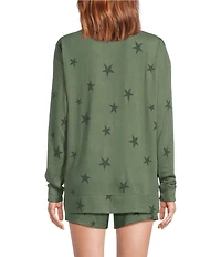 Jasmine & Ginger Tossed Stars Print Long Sleeve Crew Neck Coordinating Knit Sleep Top