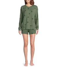 Jasmine & Ginger Tossed Stars Print Long Sleeve Crew Neck Coordinating Knit Sleep Top