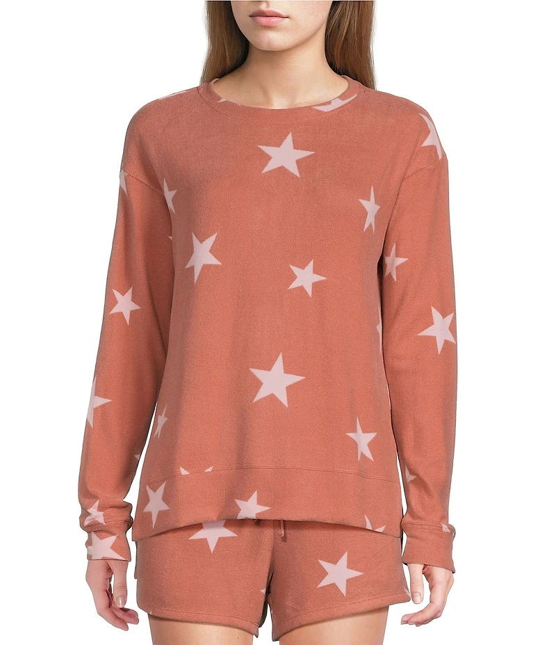 Jasmine & Ginger Tossed Stars Print Long Sleeve Crew Neck Coordinating Knit Sleep Top