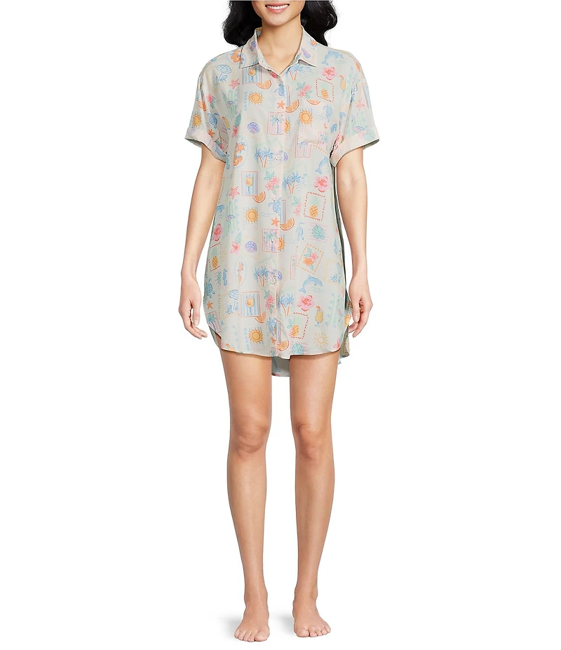 Jasmine & Ginger Woven Short Sleeve Button Front Collar Beach Stamp Print Sleepshirt