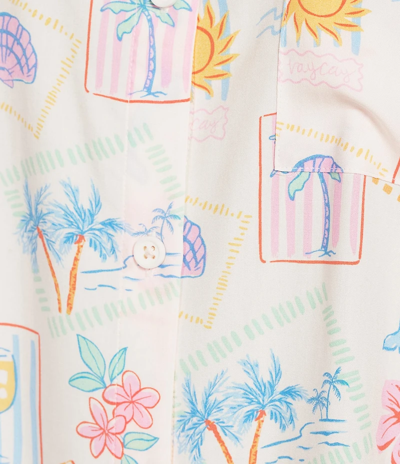 Jasmine & Ginger Woven Short Sleeve Button Front Collar Beach Stamp Print Sleepshirt