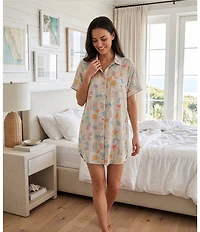 Jasmine & Ginger Woven Short Sleeve Button Front Collar Beach Stamp Print Sleepshirt