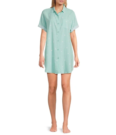 Jasmine & Ginger Woven Short Sleeve Button Front Collar Scattered Daisy Striped Sleepshirt