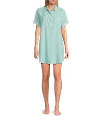 Jasmine & Ginger Woven Short Sleeve Button Front Collar Scattered Daisy Striped Sleepshirt