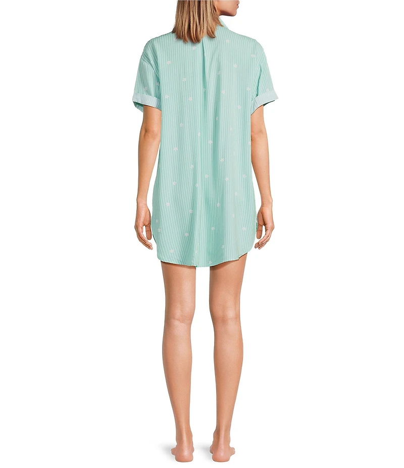 Jasmine & Ginger Woven Short Sleeve Button Front Collar Scattered Daisy Striped Sleepshirt