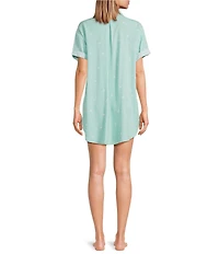 Jasmine & Ginger Woven Short Sleeve Button Front Collar Scattered Daisy Striped Sleepshirt