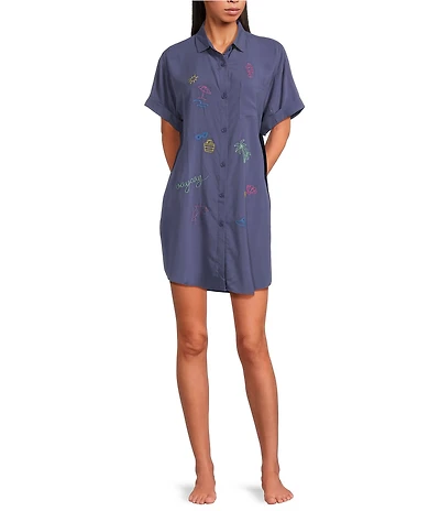 Jasmine & Ginger Woven Short Sleeve Button-Front Point Collar Embroidered Sleepshirt