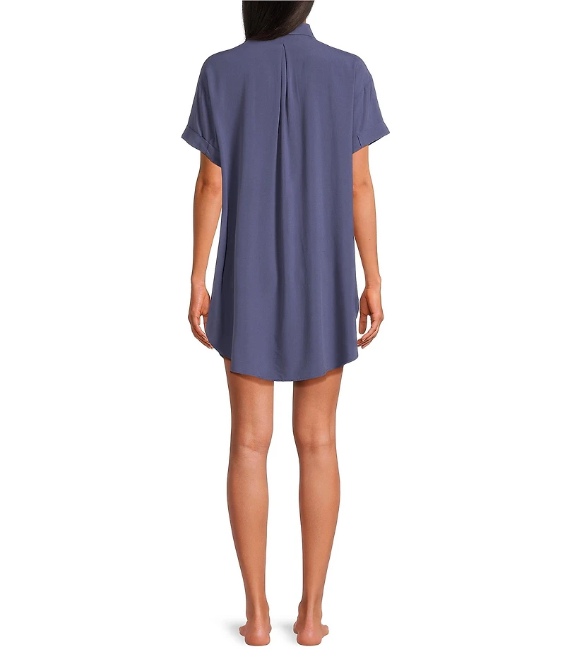 Jasmine & Ginger Woven Short Sleeve Button-Front Point Collar Embroidered Sleepshirt