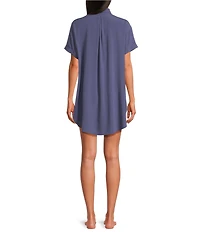 Jasmine & Ginger Woven Short Sleeve Button-Front Point Collar Embroidered Sleepshirt