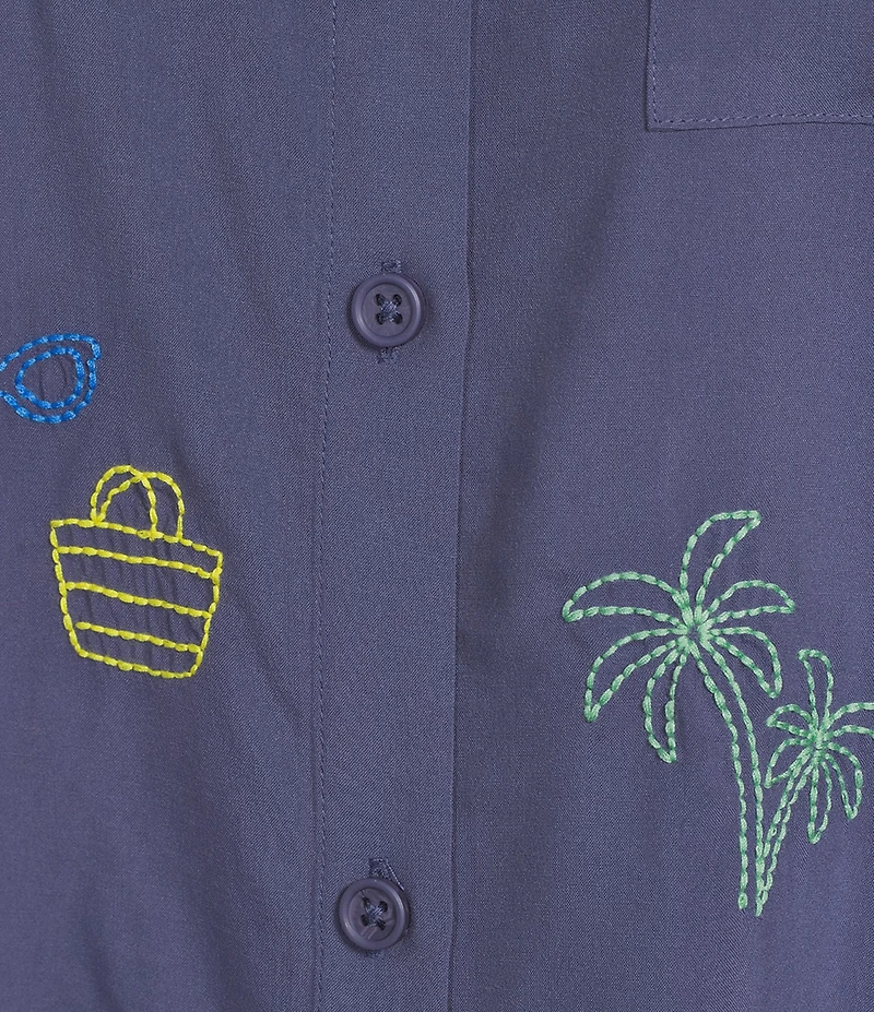 Jasmine & Ginger Woven Short Sleeve Button-Front Point Collar Embroidered Sleepshirt