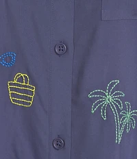 Jasmine & Ginger Woven Short Sleeve Button-Front Point Collar Embroidered Sleepshirt