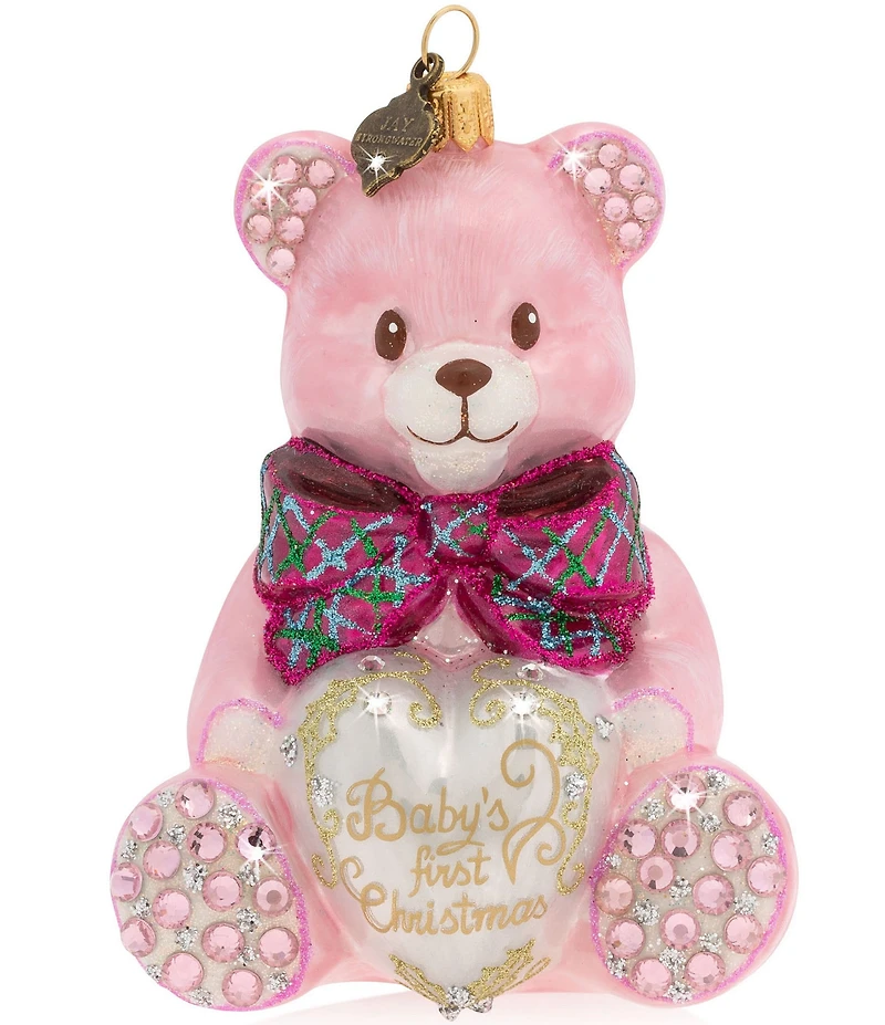 Jay Strongwater Baby's First Christmas Teddy Pink Glass Ornament