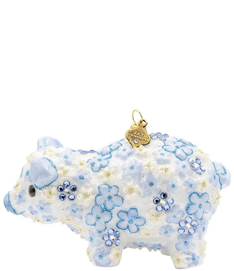 Jay Strongwater Holiday Baby Collection Blue Floral Piggy Glass Ornament