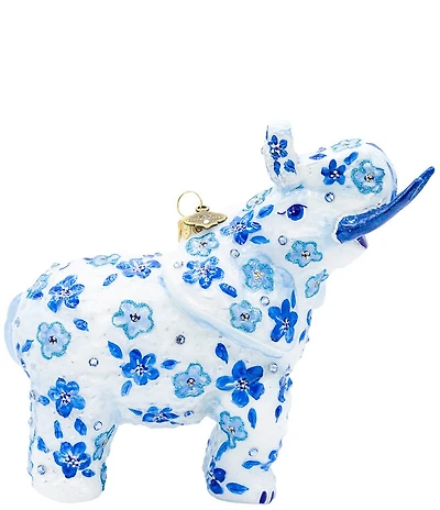 Jay Strongwater Holiday Delft Garden Collection Bouquet Elephant Glass Ornament