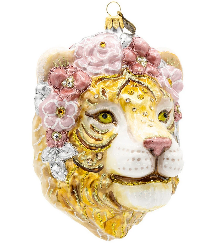 Jay Strongwater Holiday Metallic Tiger With Flower Crown Glass Ornament
