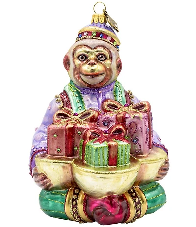 Jay Strongwater Holiday Monkey Bearing Gifts Glass Ornament