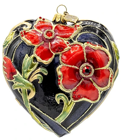 Jay Strongwater Holiday Night Bloom Collection Dark Night Floral Heart Shaped Glass Ornament
