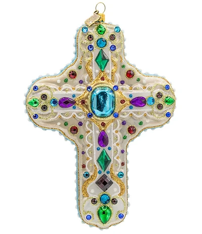 Jay Strongwater Holiday Peacock Collection Sacred Jewel Cross Glass Ornament