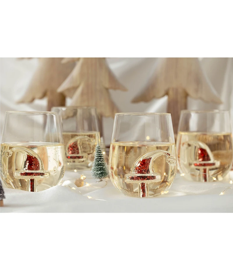 Jeanne Fitz Glitter Christmas Santa's Hat Stemless Wine Glass, Set of 4