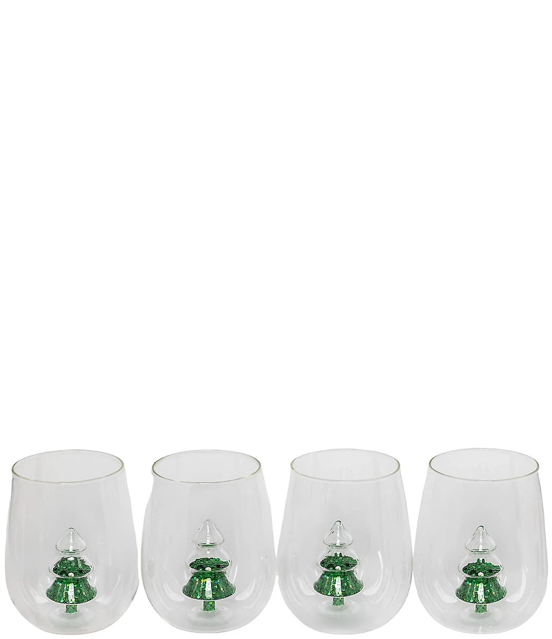 Jeanne Fitz Glitter Christmas Tree Stemless Wine Glass, Set of 4