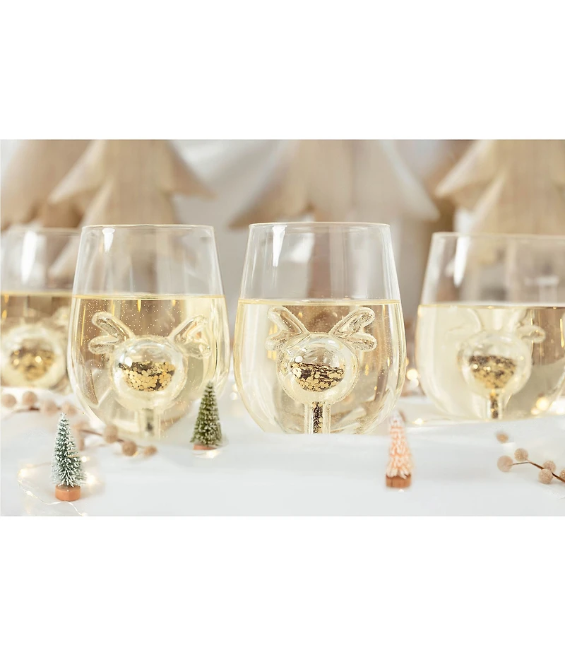 Jeanne Fitz Glitter Reindeer Stemless Wine Glass, Set of 4